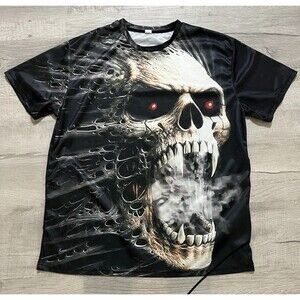 Vintage Y2K Skull All Over Print Mens 2XL Red Shirt EUC